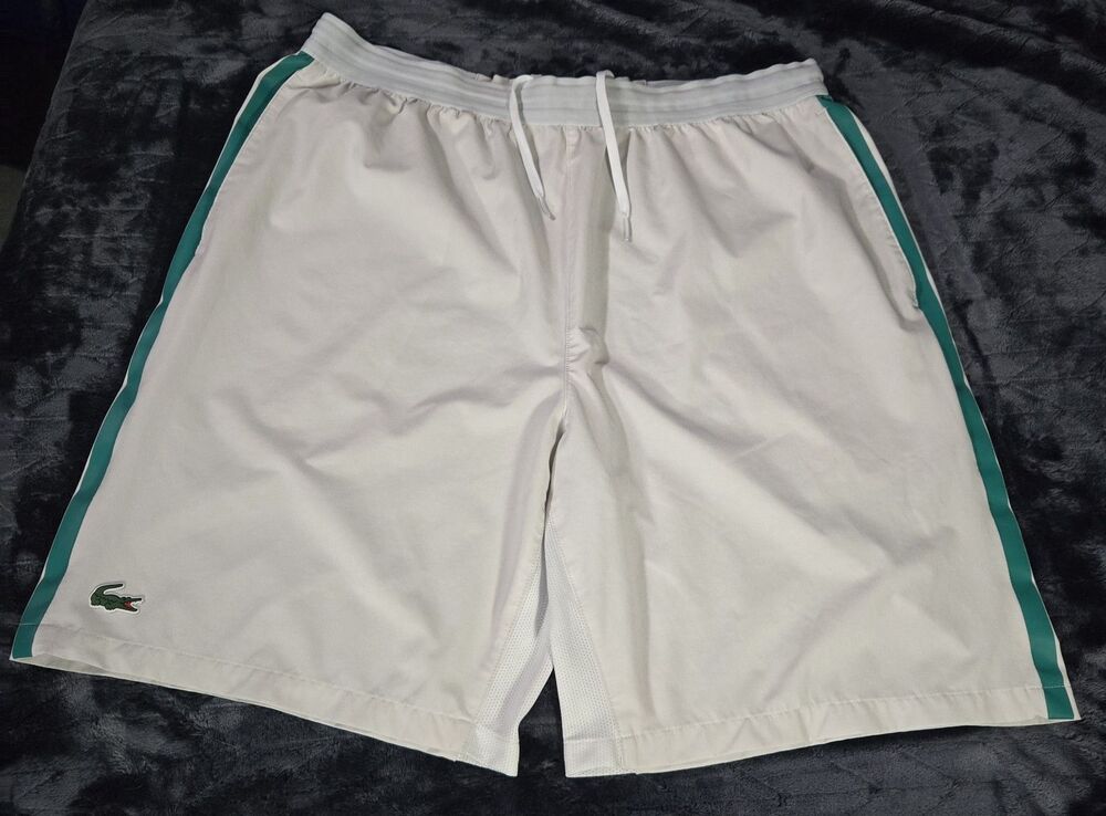 Lacoste Sport Novak Djokovic GH9542 Mens Lg Tennis Shorts, White w/green stripe